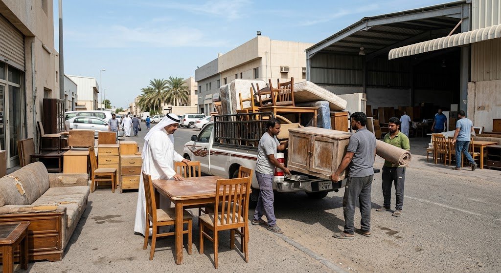 سيارات شحن مجهزة وأدوات فحص تقنية تُستخدم في تقييم وتحميل المقتنيات ضمن أعمال نشتري الاثاث المستعمل والالكترونيات الكويت لضمان دقة التسعير وسرعة الإنجاز